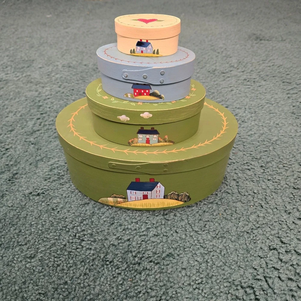 Vintage Russ Primitive Folk Art Nesting Shaker Boxes 4 Rooster Farmhouse Green